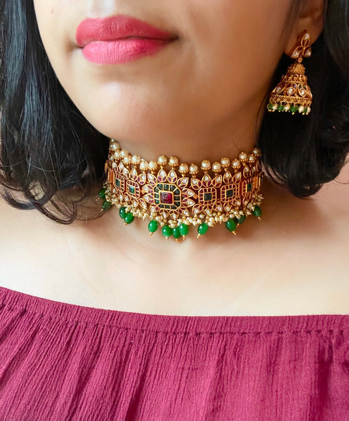 Premium jadau look alike choker with jhumkas