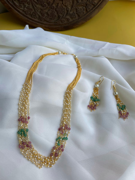 Multi color Pearl maala with earrings - 8/12/14 layer