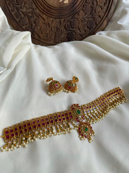 Regal square kemp stone choker with Jhumka