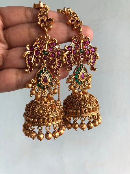 Bridal Jhumkas with real Kemp stones - II