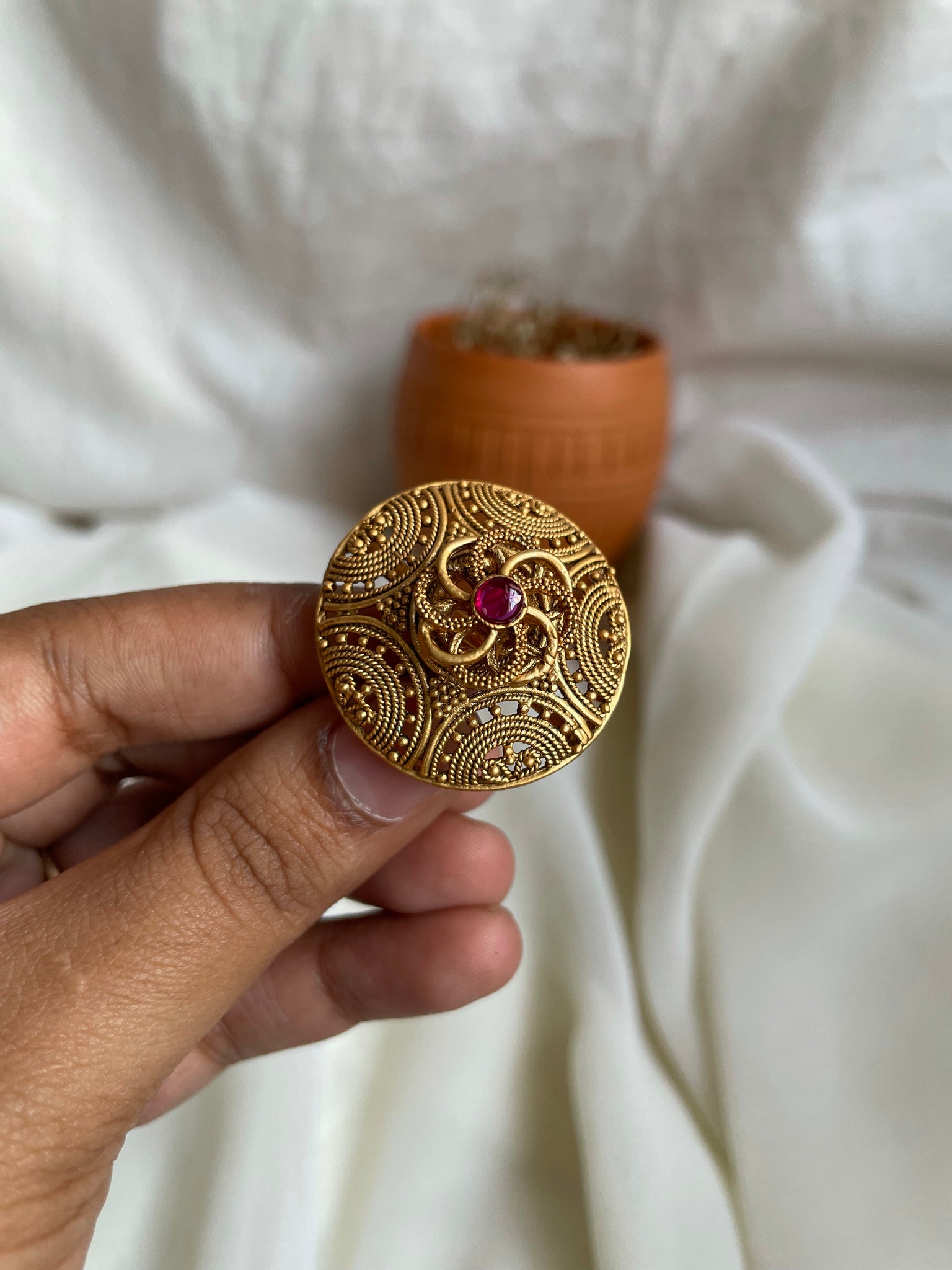 Ruby cutwork flower ring