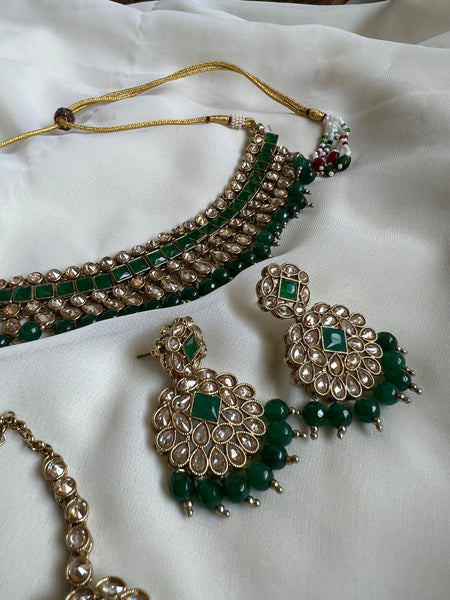 Bridal polki like necklace with earrings and tika