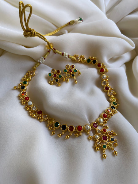 Navaratna ad flower necklace with studs