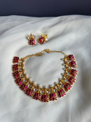 Kundan lotus necklace with studs