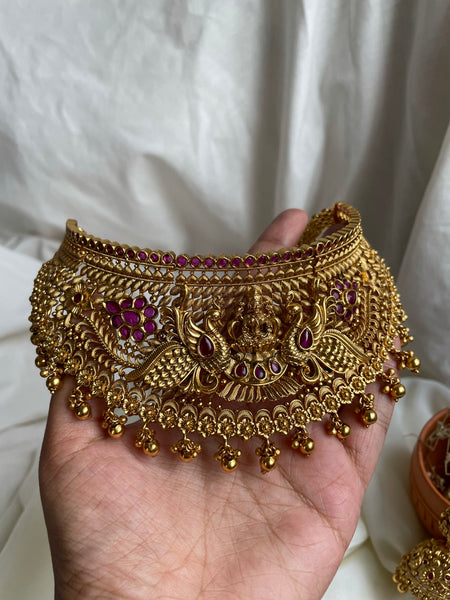 Lakshmi kemp peacock full neck choker with jhumkas