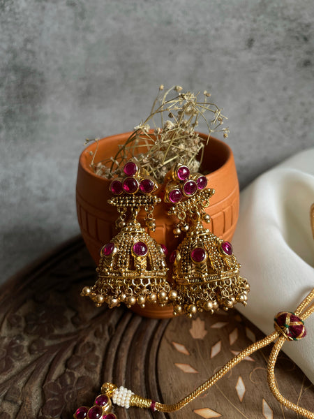 Ruby antique gold like necklace with Jhumkas
