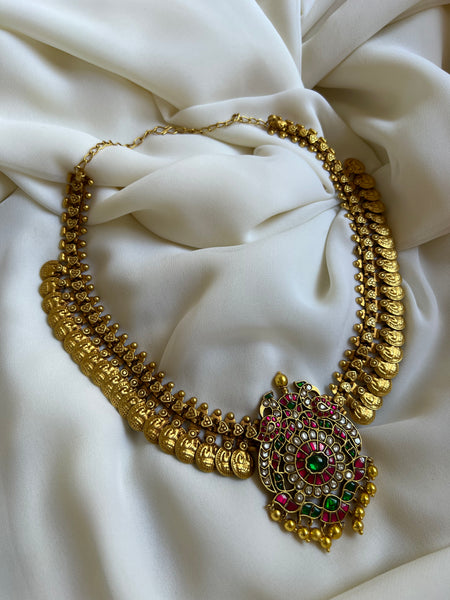 Dual peacock Kundan coin necklace