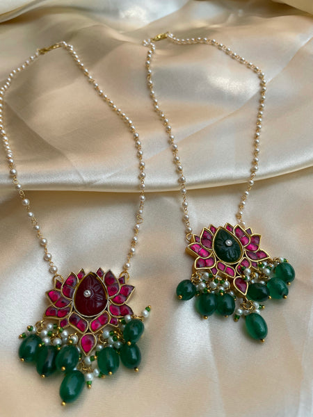 Kundan lotus pendant with carved stone