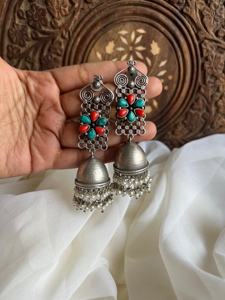 Oxidised stone flower long jhumkas