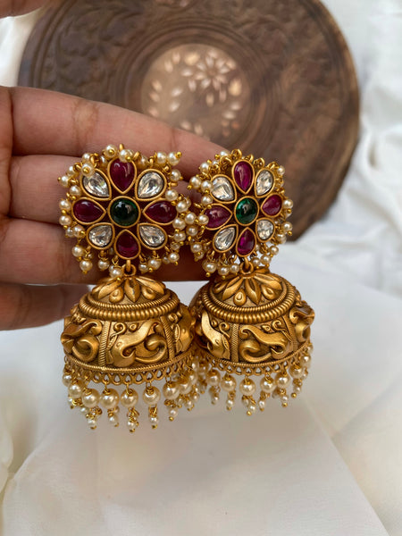 Kemp flower Matte Jhumkas with bead work- 5 Colors