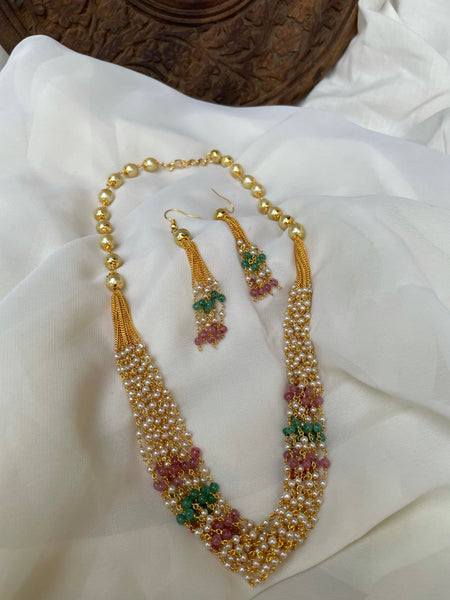 Multi color Pearl maala with earrings - 8/12/14 layer