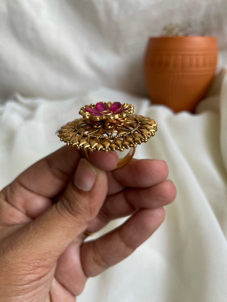 Ruby flower antique adjustable ring