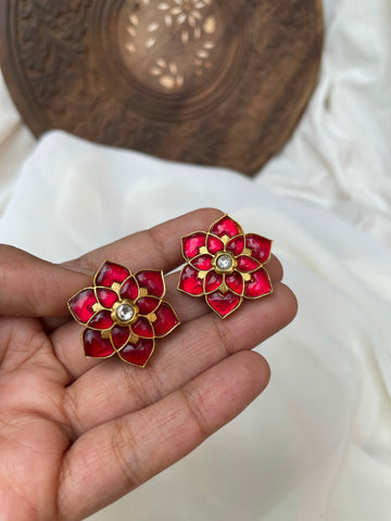 Jumbo Kundan ruby flower studs