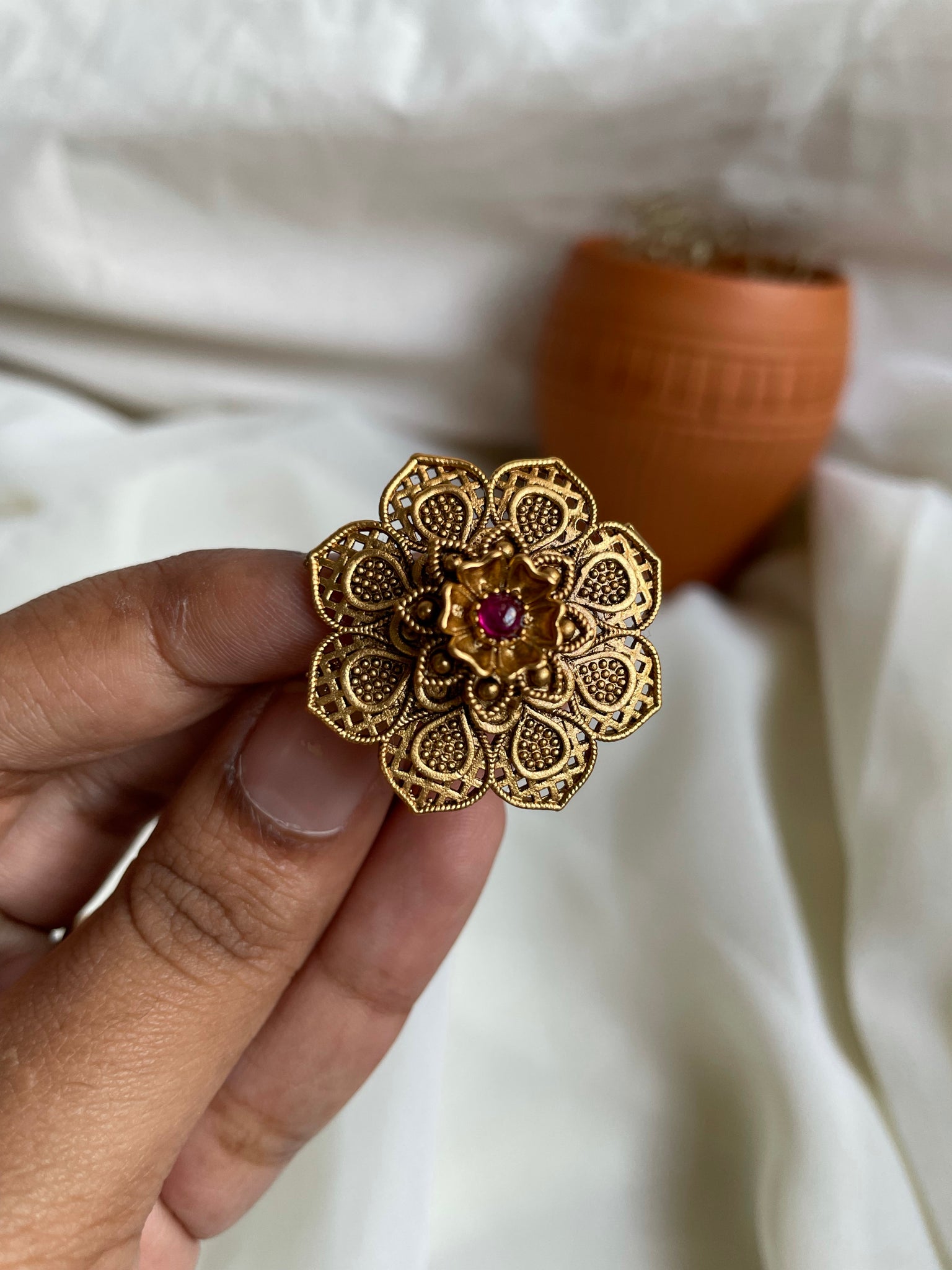 Ruby antique flower adjustable ring