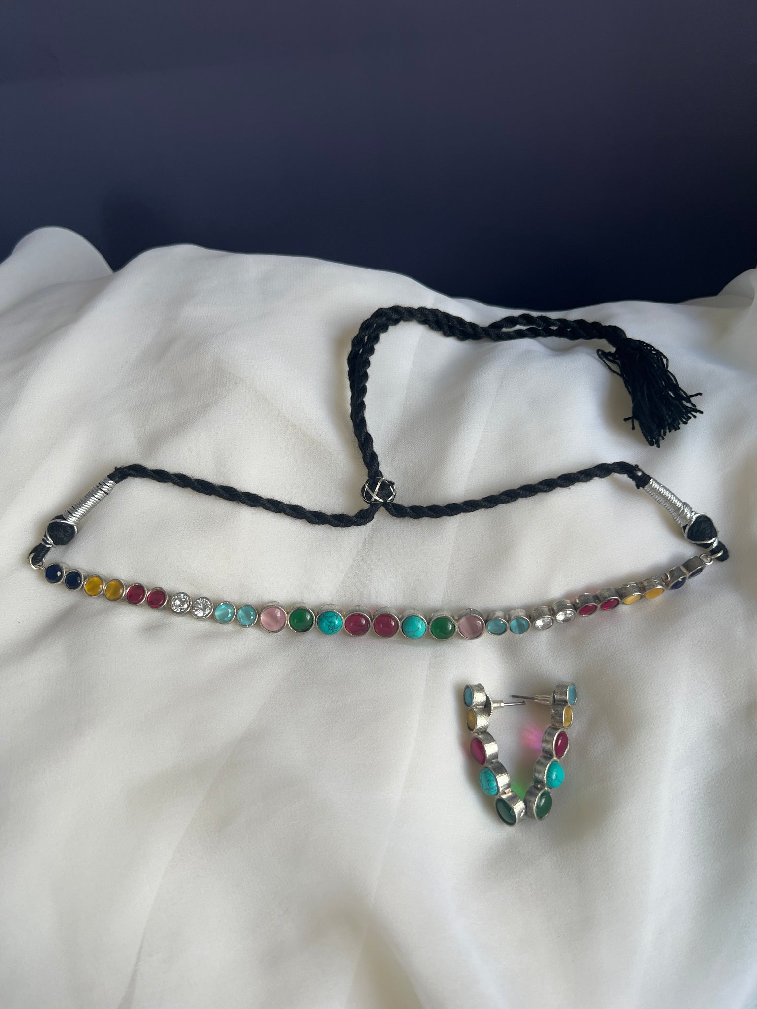 Navaratna silver choker with studs