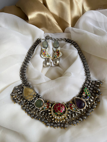 Reconstructed Kundan brass necklace with parrot earrings