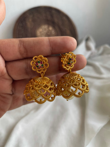 Small cutwork jhumkas with ruby flower