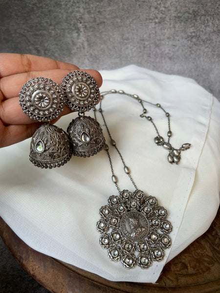 Victorian coin pendant with maala and jhumkas
