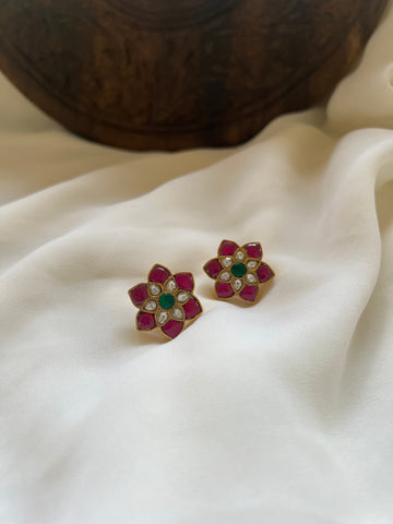Tri color Kundan flower silver studs