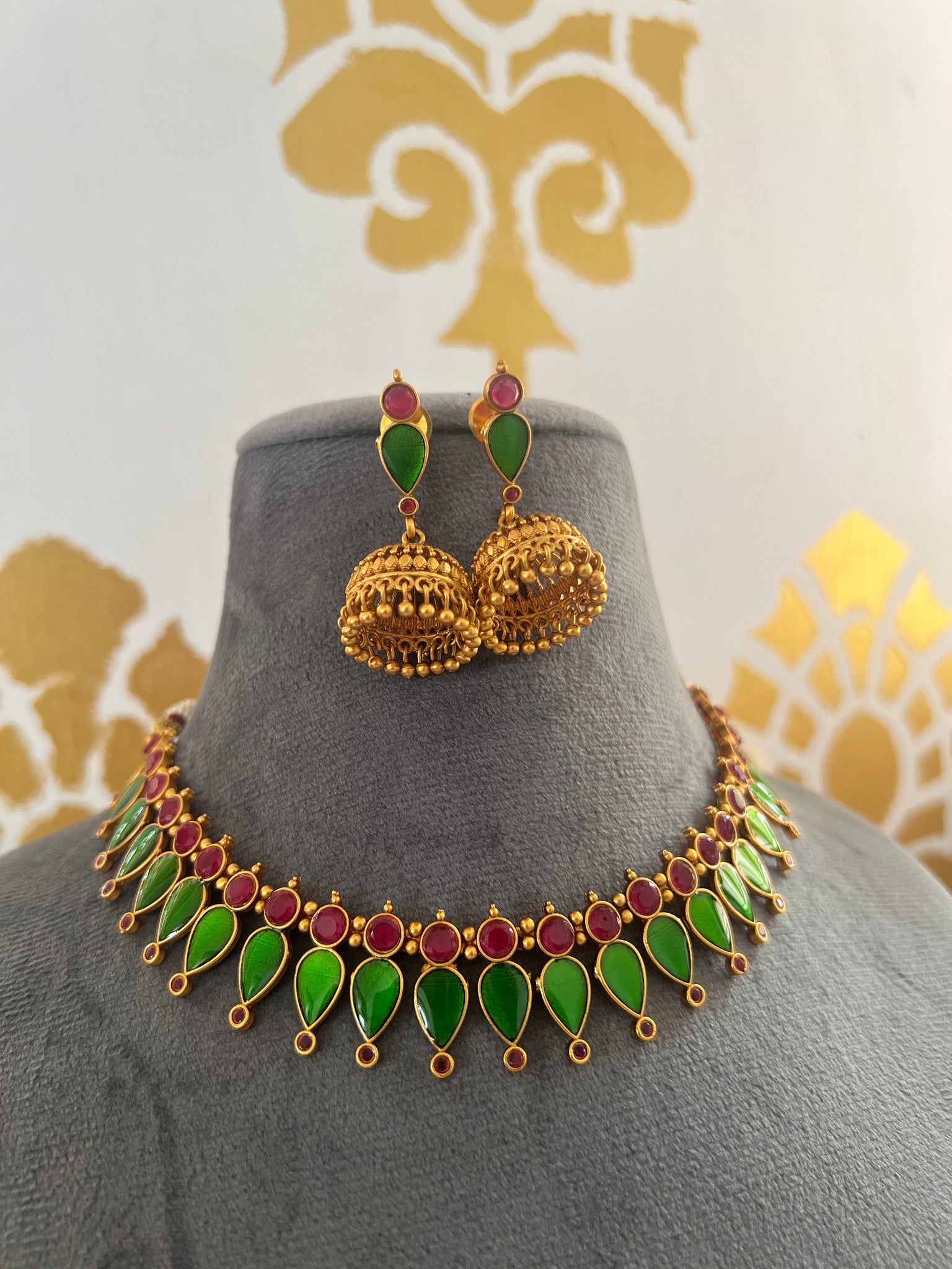 Kerala style palaka necklace with jhumkas