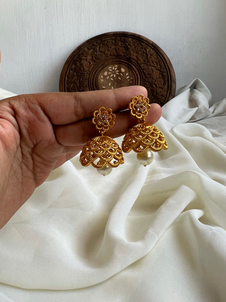 Small cutwork jhumkas with ruby flower