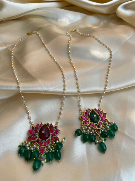 Kundan lotus pendant with carved stone