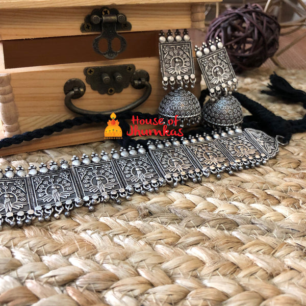 Pure silver look alike choker with jhumkas