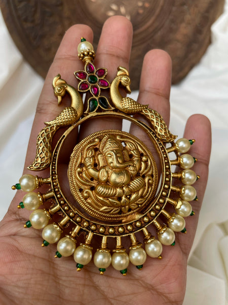 Ganesha dual peacock Pendant with Pearl maala