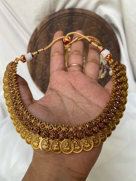 Ruby Lakshmi coin necklace with studs