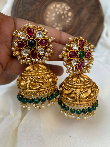 Kemp flower Matte Jhumkas with bead work- 5 Colors