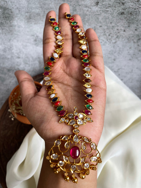 Navaratna attigai with cutwork pendant and studs