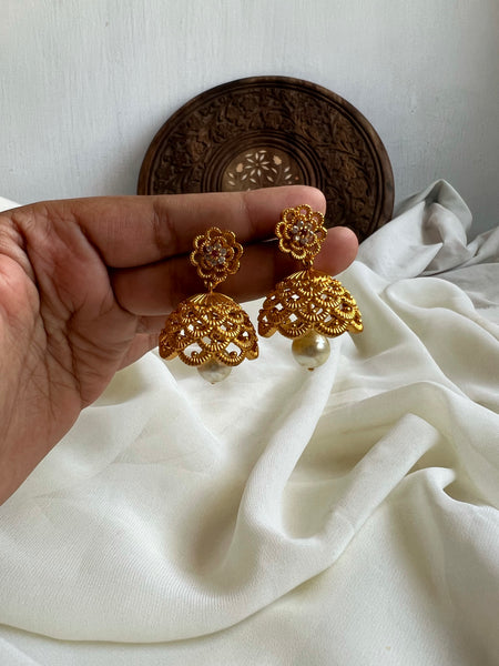 Small cutwork jhumkas with ruby flower