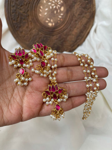 Kundan lotus pendant with studs and Pearl maala