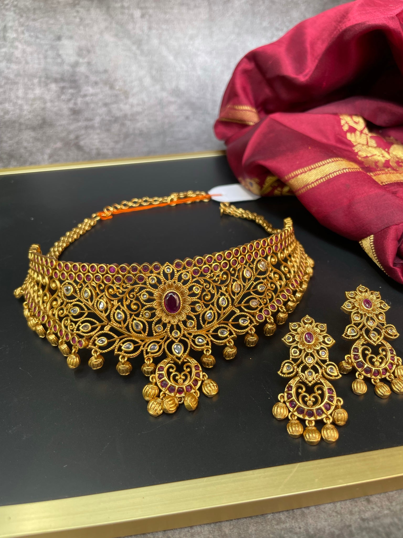 Ruby cutwork antique full neck choker with earrings