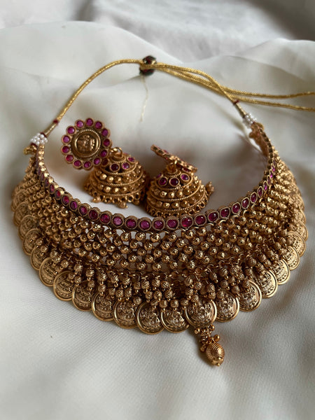 Antique bridal coin stiff necklace with Jhumkas
