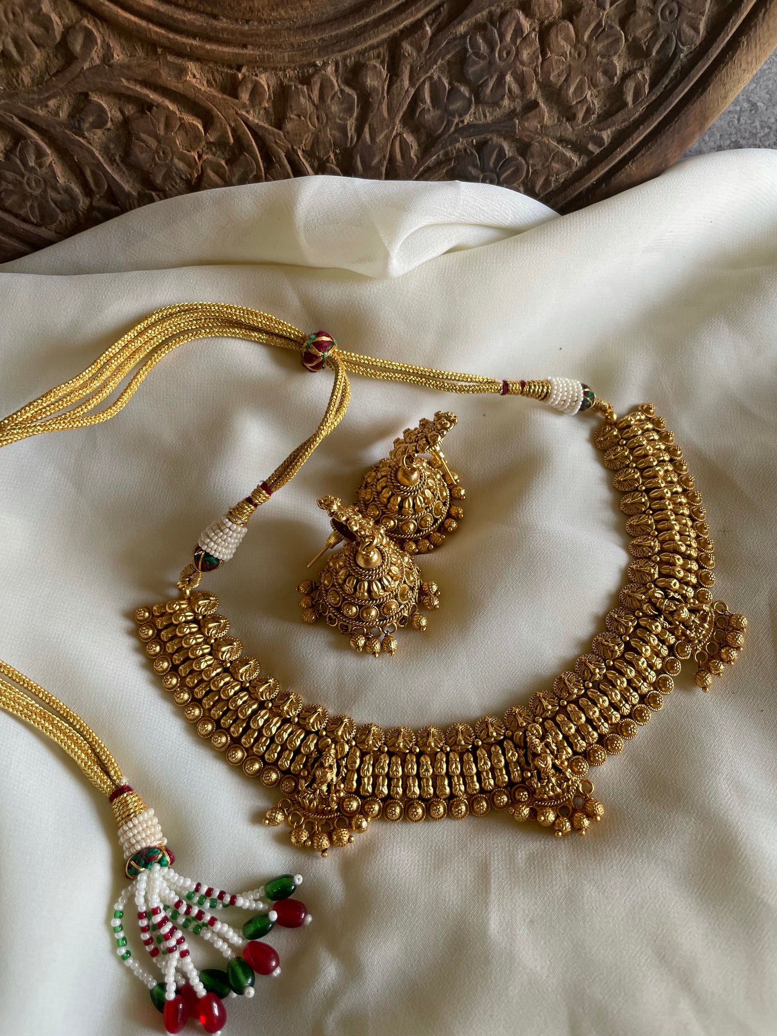 Antique 3 golden Lakshmi necklace with Jhumkas