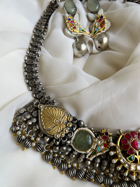 Reconstructed Kundan brass necklace with parrot earrings
