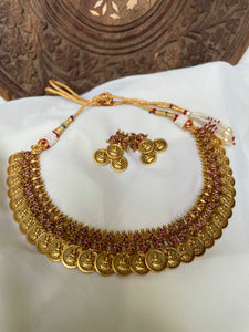 Ruby Lakshmi coin necklace with studs