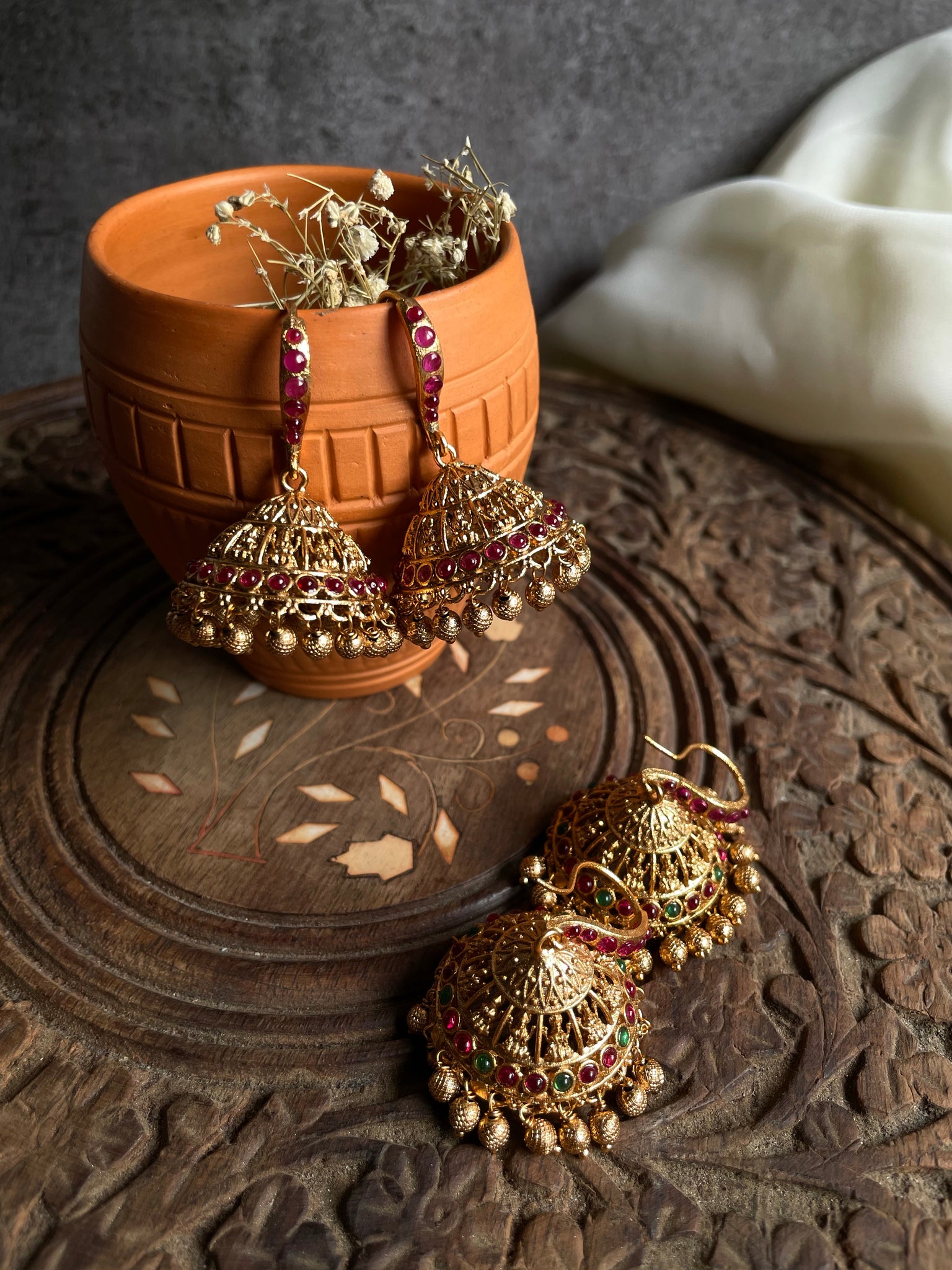 Traditional hook jhumkas with Lakshmi House of Jhumkas