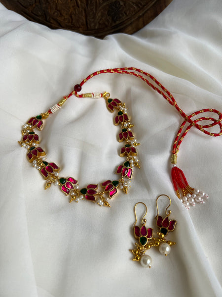 Lotus Kundan choker with hook earrings