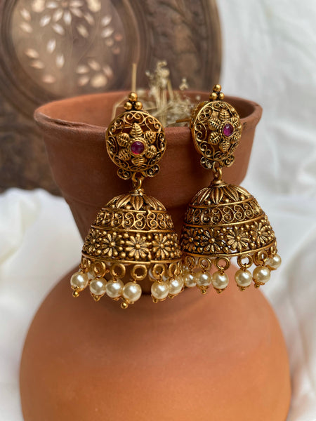 Antique cutwork Ruby Jhumkas