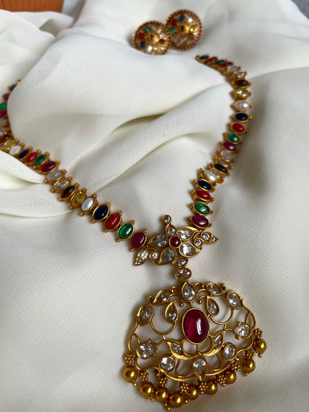 Navaratna attigai with cutwork pendant and studs