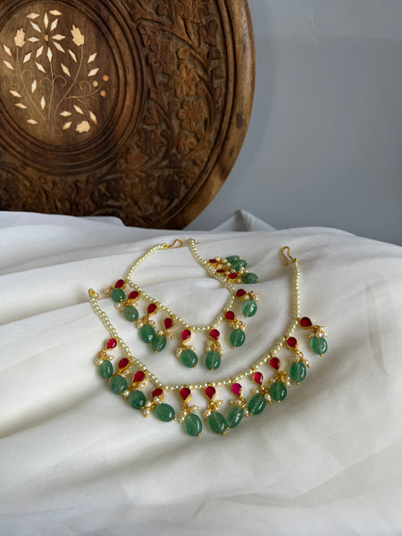 Kundan tear drop beaded earring chain