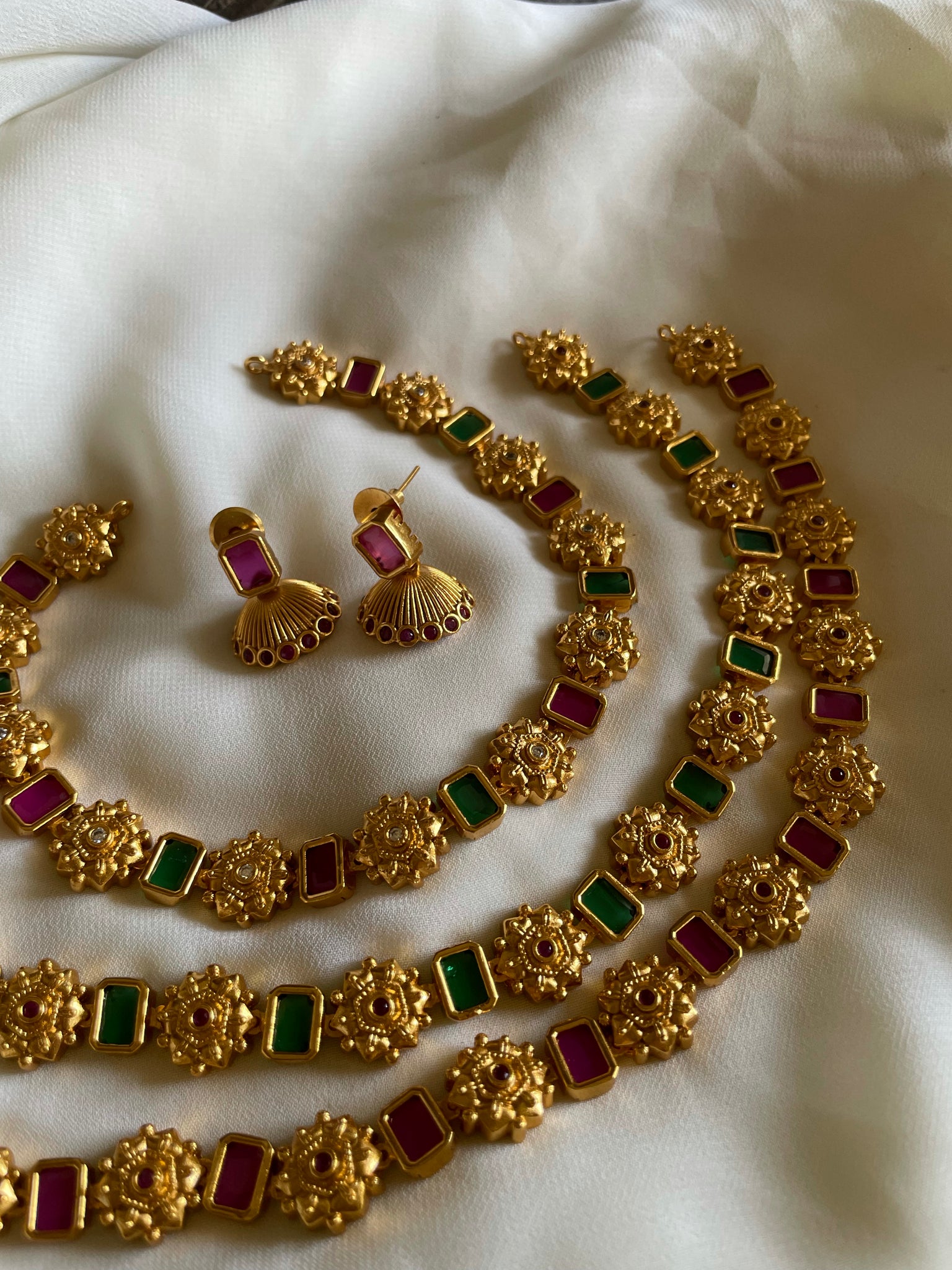 Antique stone necklace with small Jhumkas House of Jhumkas