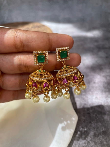 Square stone delicate choker with Jhumkas