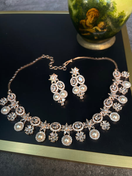 Rose polish Pearl necklace with earrings