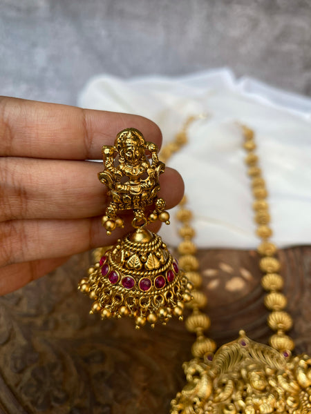 Antique temple necklace with Lakshmi jhumkas