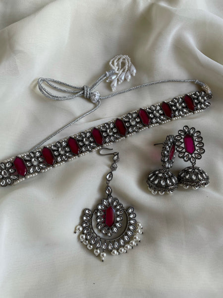 Rhodium finish ruby choker bridal set
