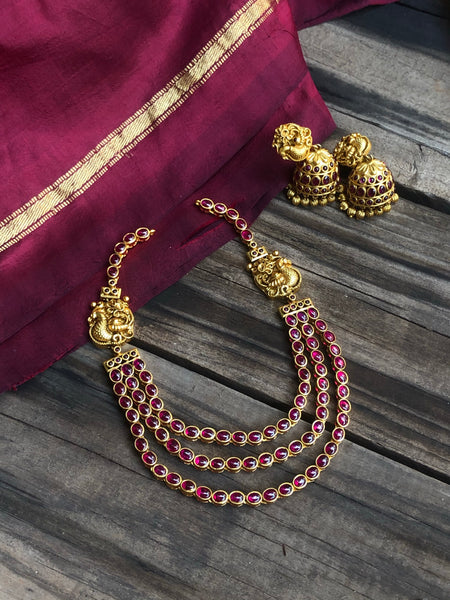 3 layer kemp mayil necklace with jhumkas