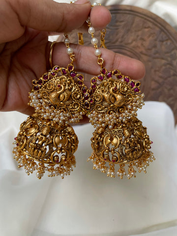 Cluster Pearl temple Jhumkas with Pearl mattal